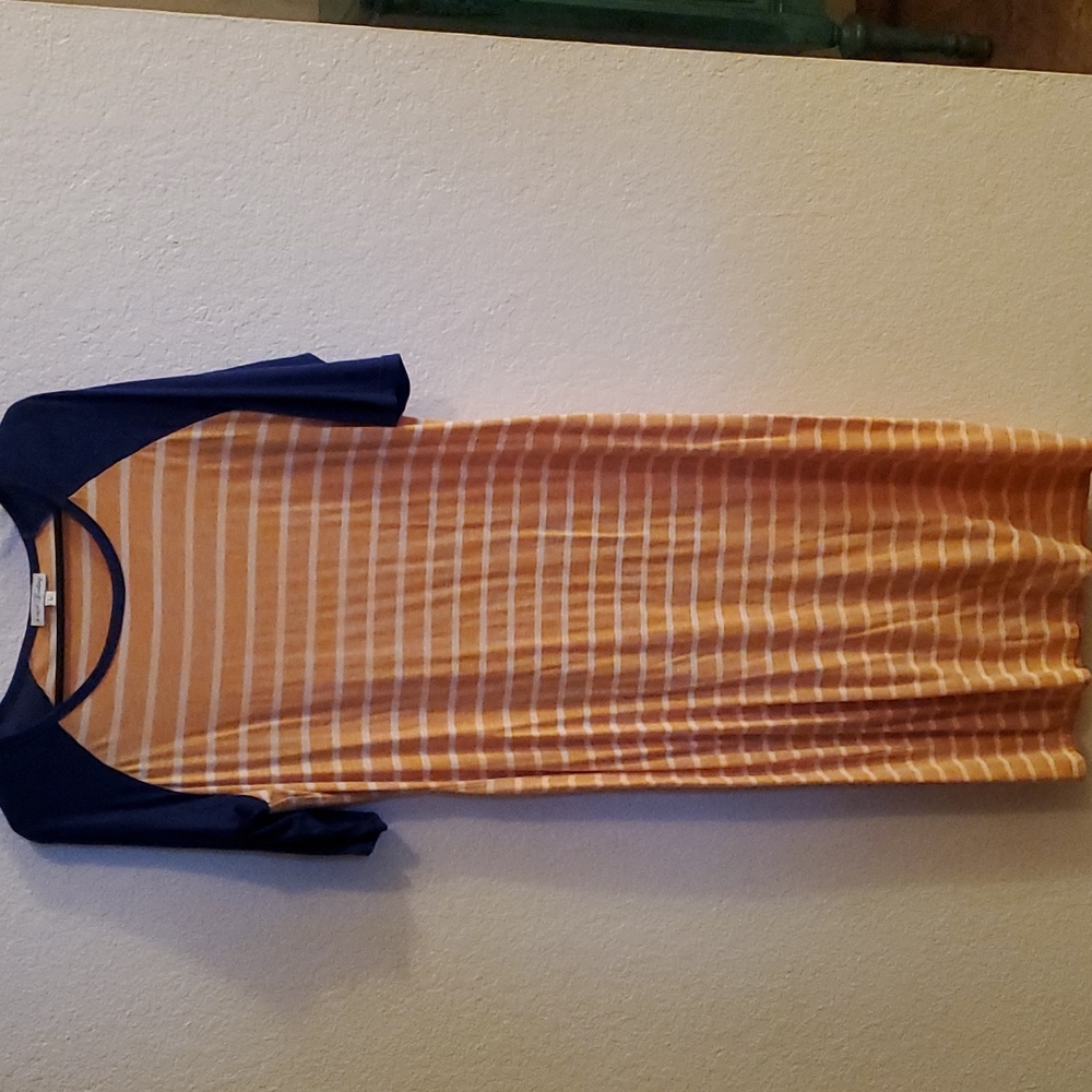 2 for $20 Dip of Darling Orange and White Stripe Dress with Royal Blue Sleeves.